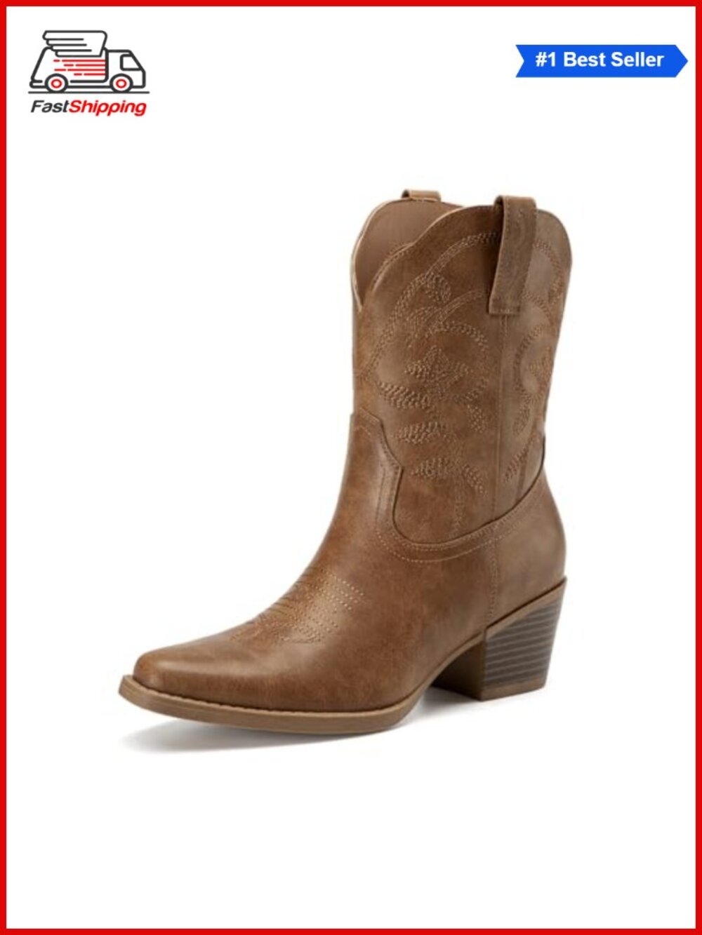 Square Toe Chunky Heel Cowboy Boots Faux Leather Slip-On Western Ankle Boots